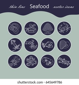 Seafood thin line vector icons set. Symbols of various delicacies - oyster, cancer, molluscs, mussels, eel, caviar, anchovies, octopus and dorado.