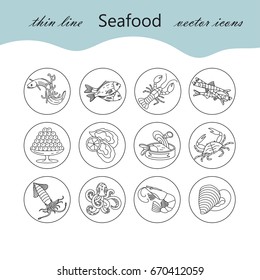 Seafood thin line vector icons set. Symbols of various delicacies - oyster, cancer, molluscs, mussels, eel, caviar, anchovies, octopus and dorado.