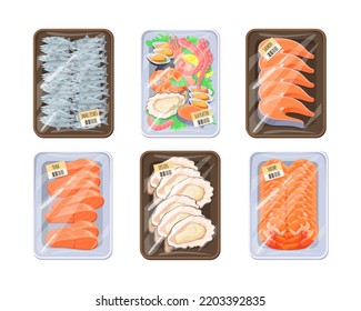 Seafood Trays. Plastic Packaging Frozen River Red Fish Or Fresh Sea Food Product, Slice Raw Salmon Tuna Wrap Container For Grocery Warehousing Shopping Cartoon Vector Illustration Of Fresh For Cooking