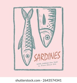 Seafood t-shirt design. Girls' Summer Graphic Design, Sardine fish artwork, women's color hand-drawn t-shirt print. Sardines fish with olive and lemon artwork for t shirt print, poster, sticker