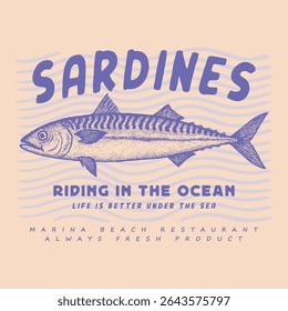 Seafood t-shirt design. Girls' Summer Graphic Design, Sardine fish artwork, women's color hand-drawn t-shirt print. Sardines love club. Canned fish artwork. Fish vintage artwork