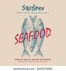 Seafood t-shirt design. Girls' Summer Graphic Design, Sardine fish artwork, women's color hand-drawn t-shirt print. Sardines fish with olive and lemon artwork for t shirt print, poster, sticker
