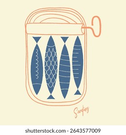 Seafood t-shirt design. Girls' Summer Graphic Design, Sardine fish artwork, women's color hand-drawn t-shirt print. Sardines love club. Canned fish artwork. Fish vintage artwork