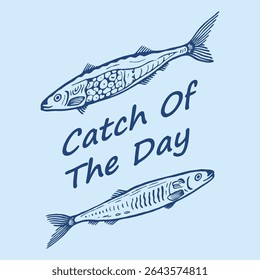 Seafood t-shirt design. Sardines love club. Canned fish artwork. Fish vintage artwork. Women's color hand-drawn t-shirt print. Sardine fish with olive and lemon artwork for t-shirt print, poster