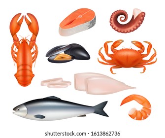 Seafood. Tuna meal fishes shrimps molluscs octopus crab vector realistic natural products