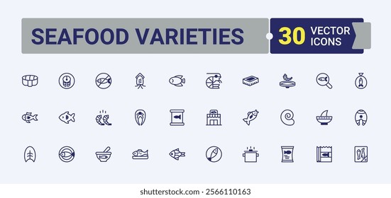 Seafood Varieties lined icons set. Containing cooking, tentacle, hen, eat, delicatessen, kitchen. Flat UI icon design. Vector outline and solid icons collection.