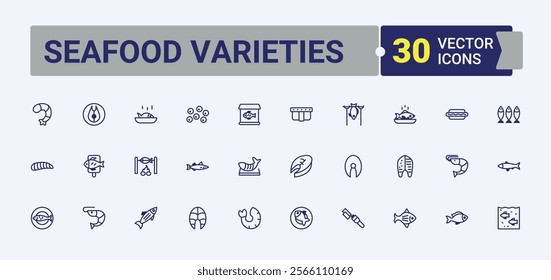 Seafood Varieties lined icons set. Containing cooking, tentacle, hen, eat, delicatessen, kitchen. Flat UI icon design. Vector outline and solid icons collection.