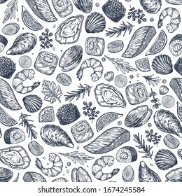 Seafood various seamless pattern. Shrimp, mussel, oyster, seashell, herbs, carp, sardine, prawn. Vector illustration