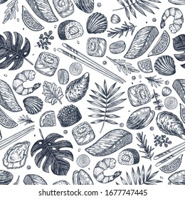 Seafood various seamless pattern. Sushi, shrimp, mussel, oyster, salmon, seashell, herbs, carp, sardine, monstera. Vector illustration