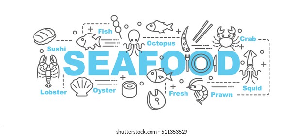 seafood vector banner design concept, flat style with thin line art seafood icons on white background
