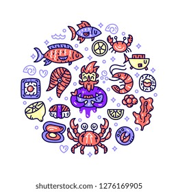 Seafood vector banner. Underwater and undersea animals collection. Circle doodle style cliparts on white background