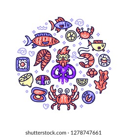 Seafood vector banner. Underwater and undersea animals collection. Circle doodle style cliparts