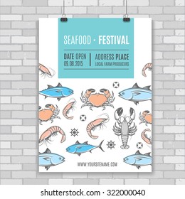 Seafood vector billboard, poster.Template for web, print industry, brand advertising.Seafood festival illustration.