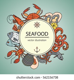 Seafood vector card with symbols of various delicacies - oyster, cancer, molluscs, mussels, eel, caviar, anchovies, octopus and dorado.