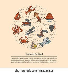 Seafood vector card with symbols of various delicacies - oyster, cancer, molluscs, mussels, eel, caviar, anchovies, octopus and dorado.