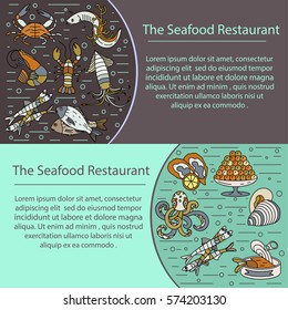 Seafood vector card with symbols of various delicacies - oyster, cancer, molluscs, mussels, eel, caviar, anchovies, octopus and dorado