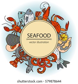 Seafood vector card with symbols of various delicacies - oyster, cancer, molluscs, mussels, eel, caviar, anchovies, octopus and dorado.