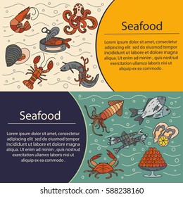 Seafood vector card with symbols of various delicacies - oyster, cancer, molluscs, mussels, eel, caviar, anchovies, octopus and dorado