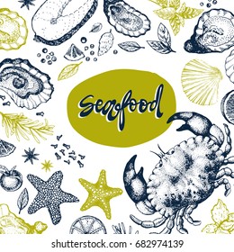 Seafood vector design template, banner. Seafood vector illustration hand drawn. Restaurant menu.