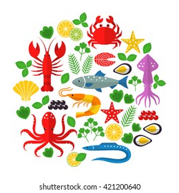 Seafood  vector flat  icons set.  Illustrations of lobster, crab, salmon, fish, squid, oyster, shrimp, octopus, eel  isolated.