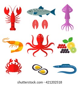 Seafood  vector flat  icons set.  Illustrations of lobster, crab, salmon, fish, squid,  oyster, shrimp, octopus, eel  isolated.