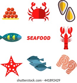 Seafood vector flat icons set. Illustrations of  crab, salmon, fish, oyster. 