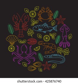 Seafood vector flat line icons set,  lobster, crab, salmon, fish, squid, oyster, shrimp, octopus, eel  isolated.
