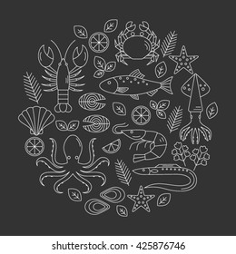 Seafood vector flat line icons set,  lobster, crab, salmon, fish, squid, oyster, shrimp, octopus, eel  isolated.