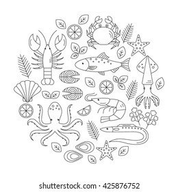 Seafood vector flat line icons set,  lobster, crab, salmon, fish, squid, oyster, shrimp, octopus, eel  isolated.