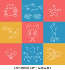 Seafood vector flat line icons set, lobster, crab, salmon, fish, squid, oyster, shrimp, octopus, eel.