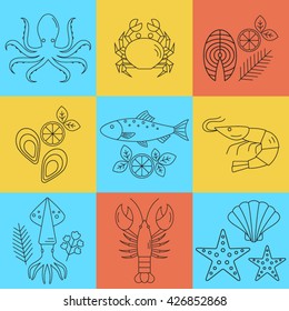 Seafood vector flat line icons set, lobster, crab, salmon, fish, squid, oyster, shrimp, octopus, eel isolated. 