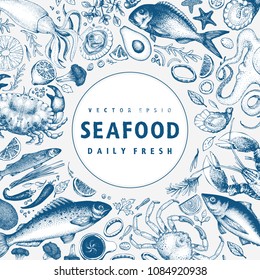 Seafood vector frame illustration. Can be use for restaurants menu, cover, packaging. Retro hand drawn banner template. Vintage background.