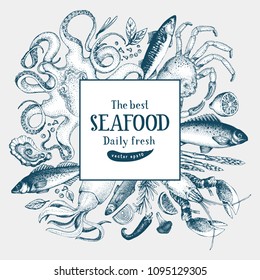 Seafood vector frame illustration. Can be use for restaurants menu, cover, packaging. Vintage hand drawn banner template. Retro background.