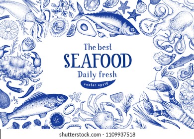 Seafood vector frame illustration. Can be use for restaurants menu, cover, packaging. Vintage hand drawn banner template. Retro background.