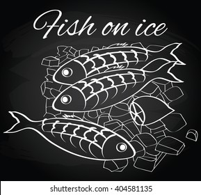 Seafood. Vector fresh fish and lemon on the ice on the chalkboard background