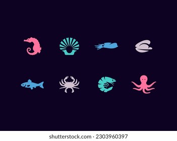 Seafood vector icon set. Sea animals icons. Marine life illustration set.
