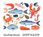 Seafood. Vector icons set of sea fishes with shrimp, salmon, sea bass, dorado, lobster, crab, mussel, squid, octopus, oyster, shells on a white background. Seafood for menu, web design. Fresh fish