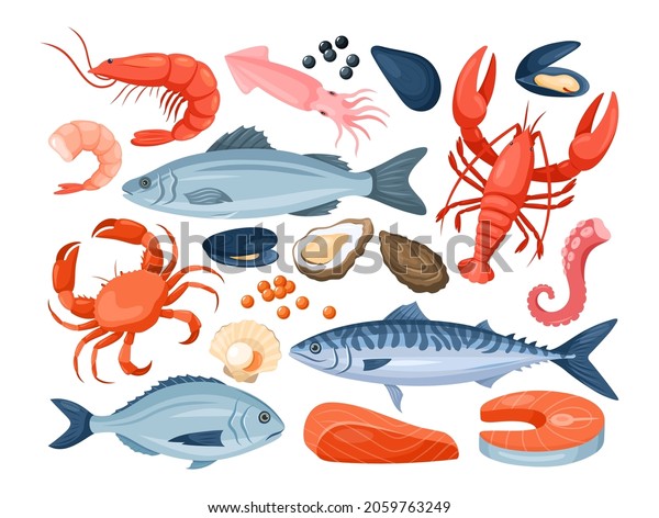 Seafood. Vector icons set of sea fishes with shrimp,\
salmon, sea bass, dorado, lobster, crab, mussel, squid, octopus,\
oyster, shells on a white background. Seafood for menu, web design.\
Fresh fish