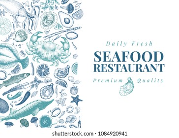 Seafood vector illustration. Can be use for restaurants menu, cover, packaging. Retro hand drawn banner template. Vintage background.