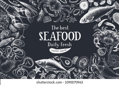 Seafood vector illustration. Can be use for restaurants menu, cover, packaging. Vintage hand drawn banner template. Retro background. Chalk board.