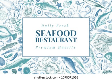 Seafood vector illustration. Can be use for restaurants menu, cover, packaging. Vintage hand drawn banner template. Retro background.