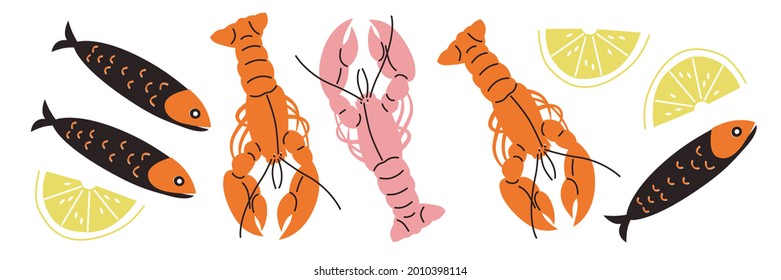 Seafood vector illustration. Can be use for restaurants menu, cover, packaging. Abstract banner template. Shrimp, lobster, fish. Cartoon flat vector seafood ingredients. Clip art. EPS 10.