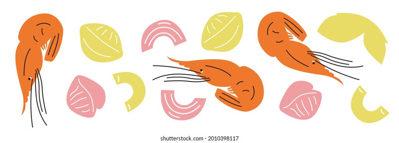 Seafood vector illustration. Can be use for restaurants menu, cover, packaging. Abstract hand drawn banner template. Shrimp, lobster, fish. Cartoon flat vector seafood ingredients. Clip art.