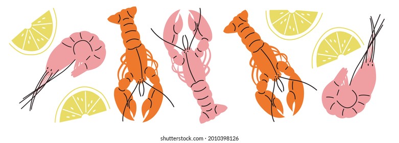 Seafood vector illustration. Can be use for restaurants menu, cover, packaging. Abstract hand drawn banner template. Shrimp, lobster, fish. Cartoon flat vector seafood ingredients. Clip art.