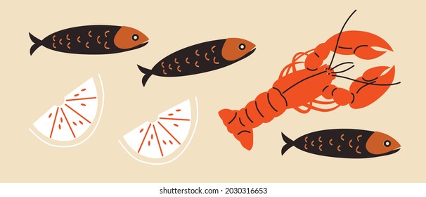 Seafood vector illustration. Can be use for restaurants menu, cover, packaging. Abstract banner template. Shrimp, lobster, fish. Cartoon flat vector seafood ingredients. Clip art. EPS 10.