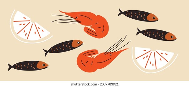 Seafood vector illustration. Can be use for restaurants menu, cover, packaging. Abstract hand drawn banner template. Shrimp, lobster, fish. Cartoon flat vector seafood ingredients. Clip art.