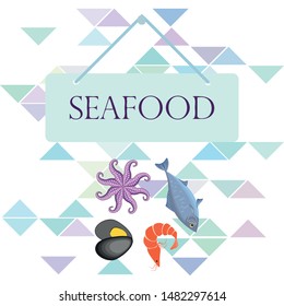 Seafood vector illustration. Fresh sea fish, mussel, shrimp, octopus.