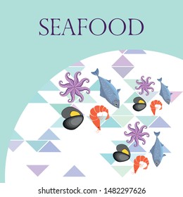 Seafood vector illustration. Fresh sea fish, mussel, shrimp, octopus.