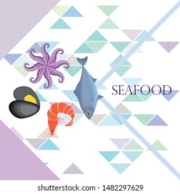 Seafood vector illustration. Fresh sea fish, mussel, shrimp, octopus.