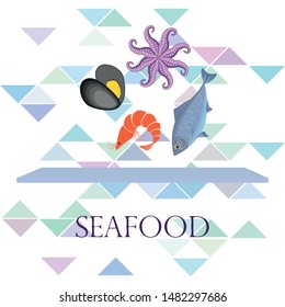 Seafood vector illustration. Fresh sea fish, mussel, shrimp, octopus.